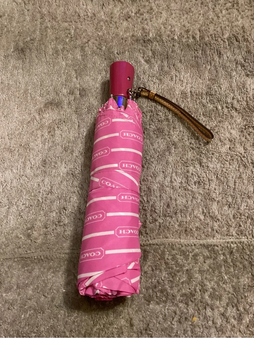 Coach Pink Compact Umbrella with Gold Wrist Strap